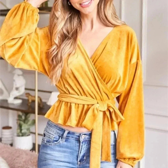 BOHO velour bishop sleeve belted MUSTARD TOP - Picture 1 of 7
